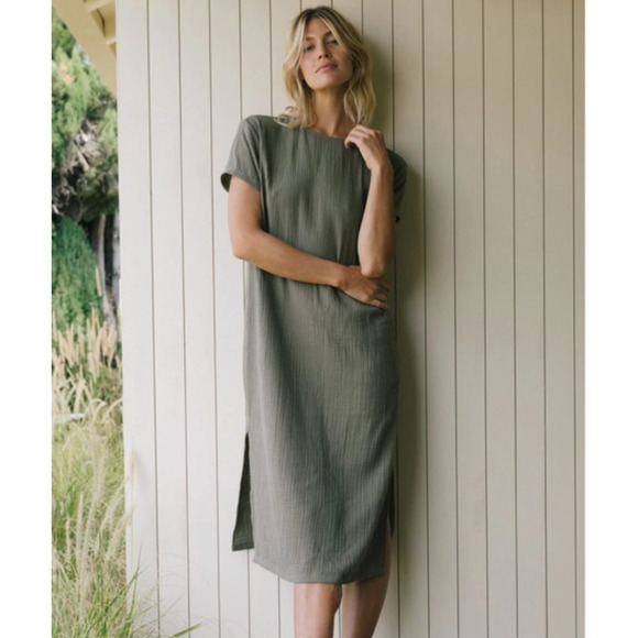 Jenni Kayne Cypress Caftan Dress Short Sleeve Tshirt Dress, Olive Green Gauze S - Picture 1 of 11